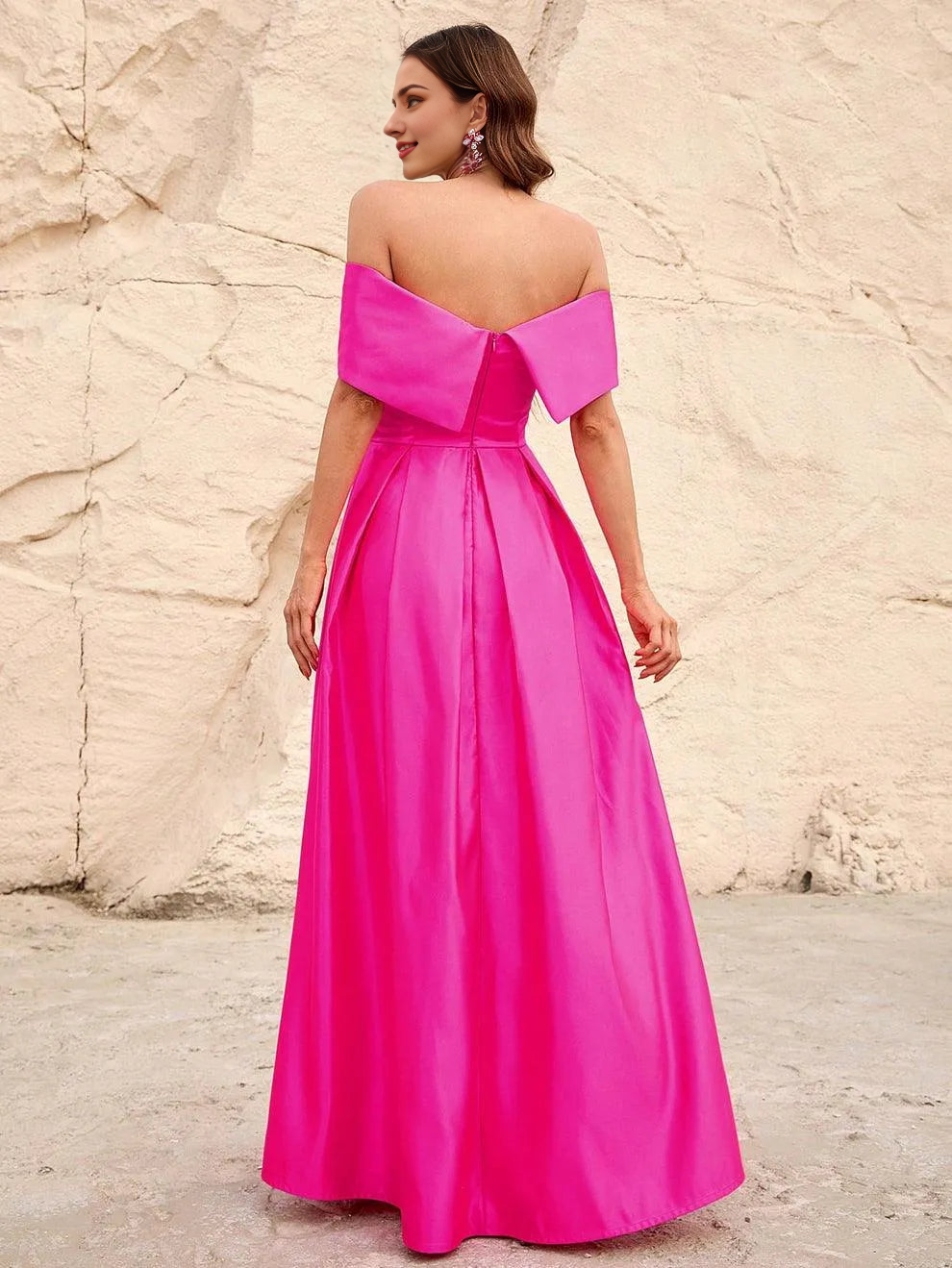 Elegant Evening Dresses/ Off Shoulder Fold Pleated Detail Satin A Line Dress Evening Dresses/ Evening Dresses For Women